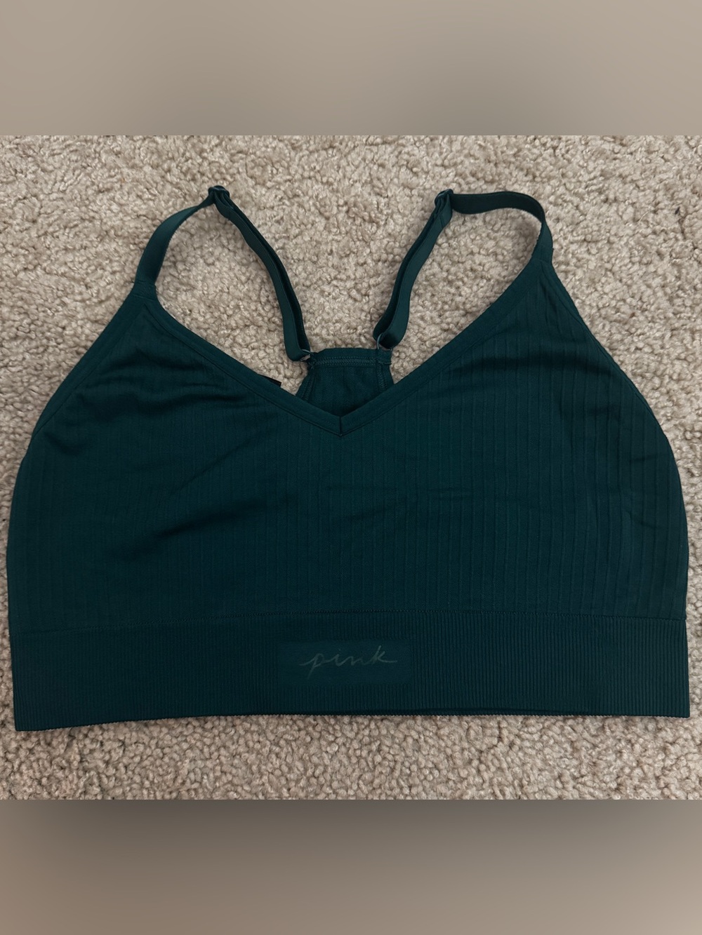 PINK Victoria's Secret Dark Teal Ribbed V-Neck Sports Bra